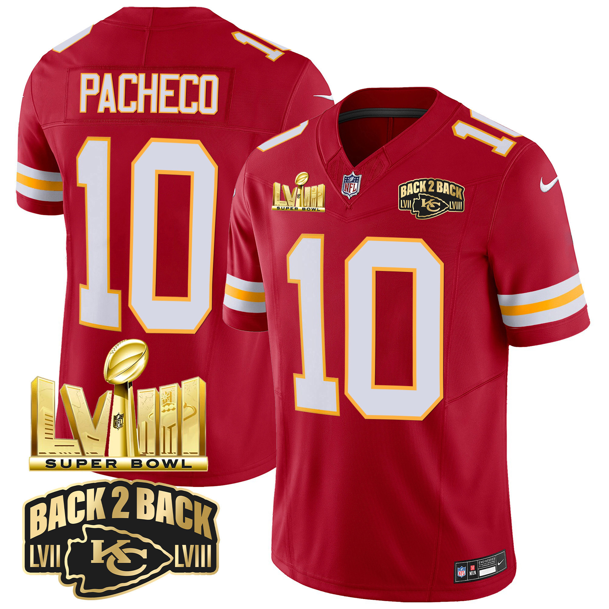 Men's Kansas City Chiefs Super Bowl LVIII & Back 2 Back Gold Patch Vapor Jersey - All Stitched - Image 39
