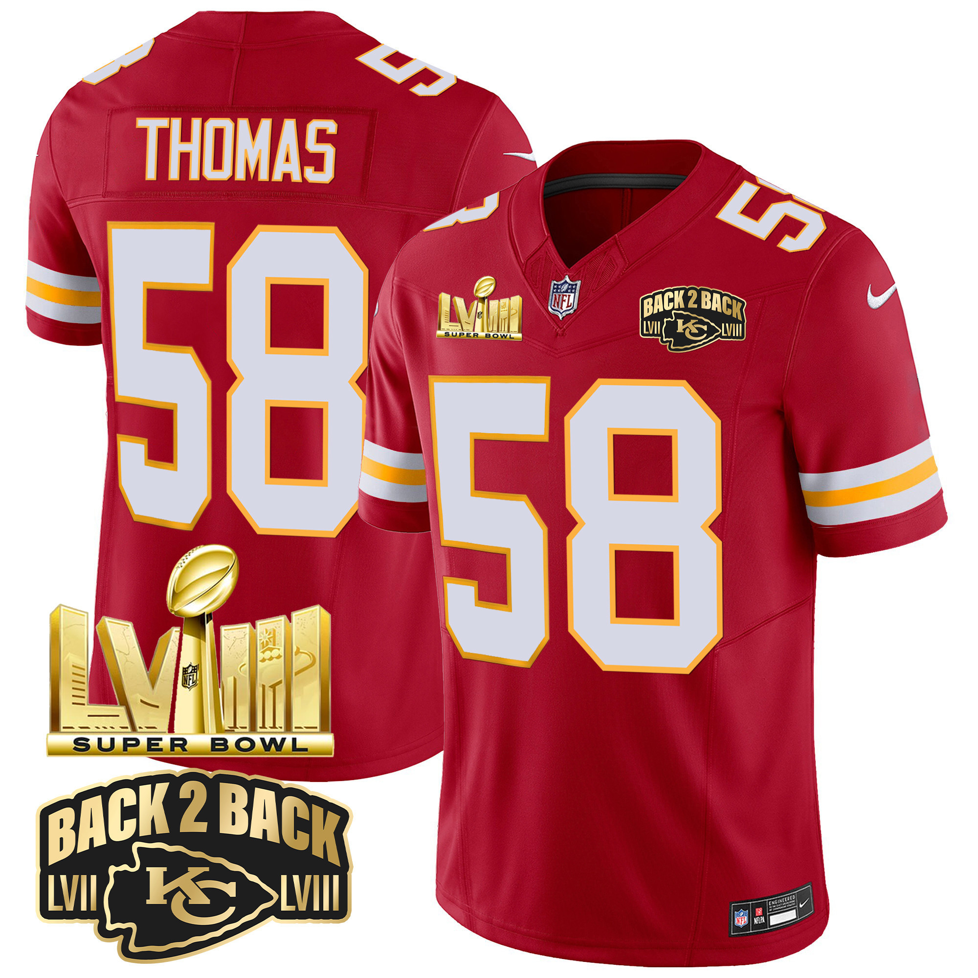 Men's Kansas City Chiefs Super Bowl LVIII & Back 2 Back Gold Patch Vapor Jersey - All Stitched - Image 38