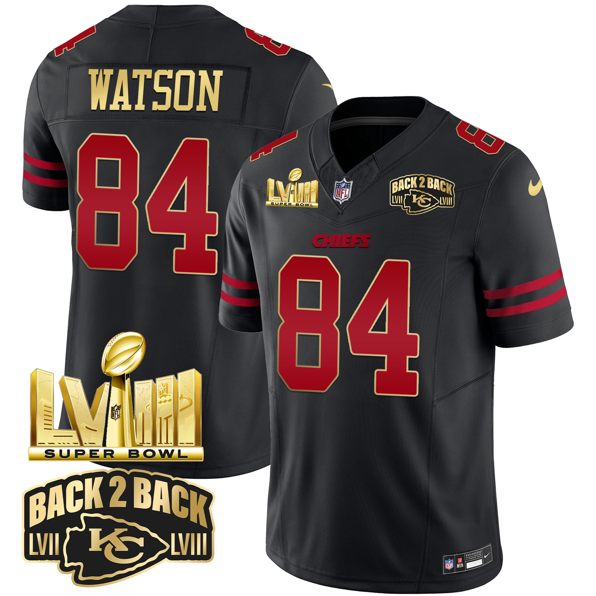 Men's Kansas City Chiefs Super Bowl LVIII & Back 2 Back Gold Patch Vapor Jersey - All Stitched - Image 33