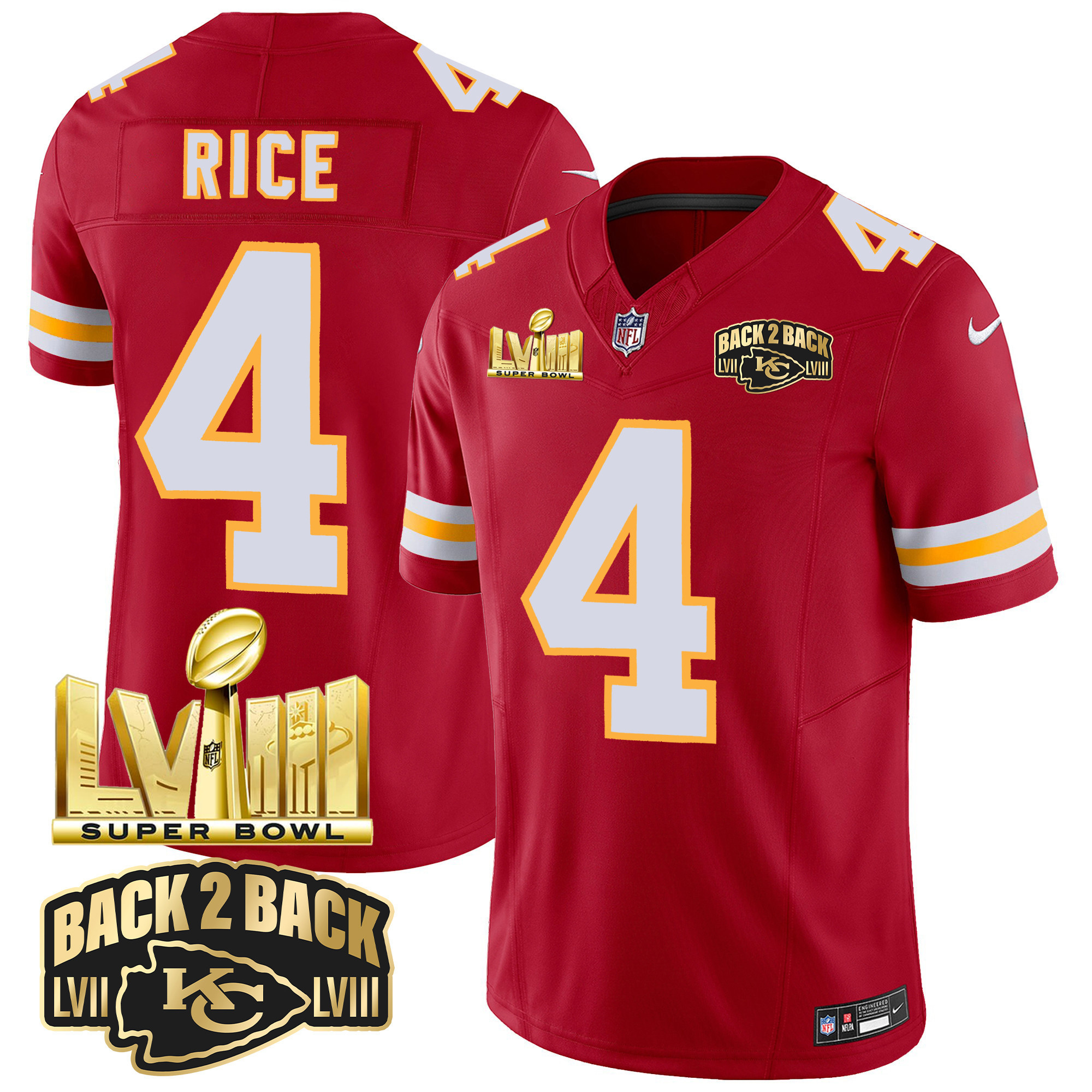 Men's Kansas City Chiefs Super Bowl LVIII & Back 2 Back Gold Patch Vapor Jersey - All Stitched - Image 42