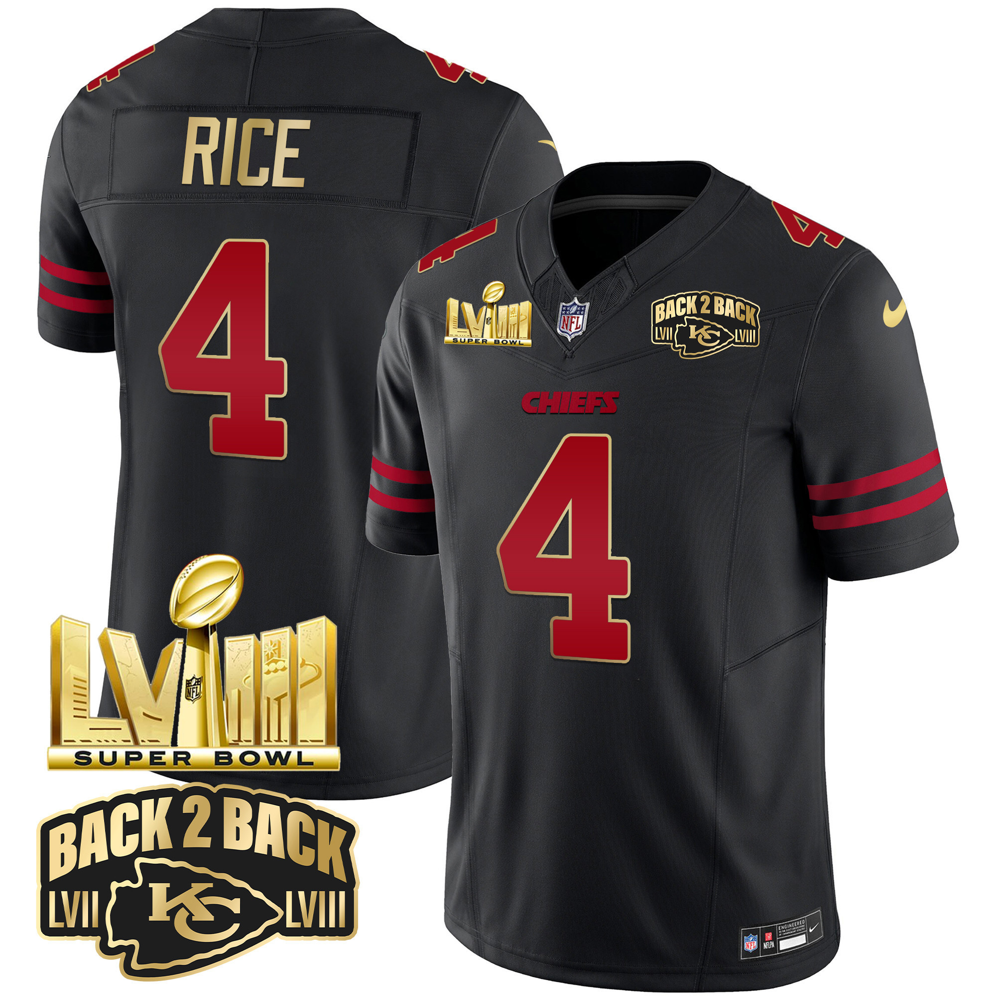 Men's Kansas City Chiefs Super Bowl LVIII & Back 2 Back Gold Patch Vapor Jersey - All Stitched - Image 35