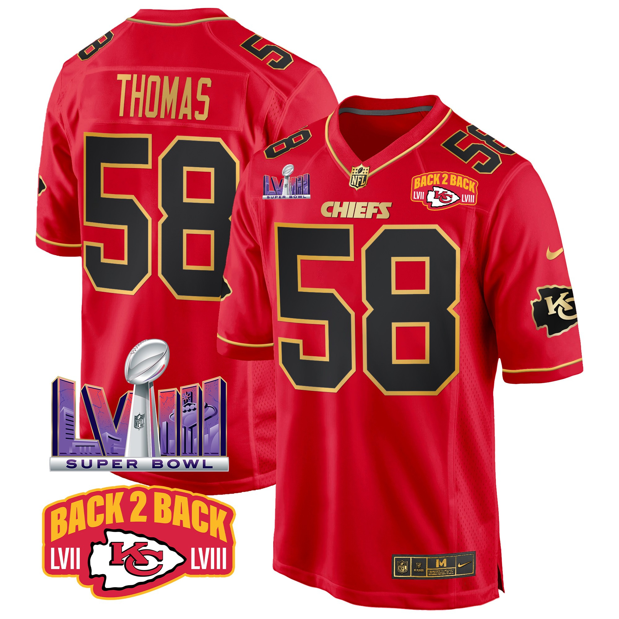 Men's Kansas City Chiefs Super Bowl LVIII & Back 2 Back Patch Game Jersey - All Stitched - Image 27