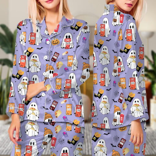 Cute Ghost Taco Bell Satin Pajamas Set