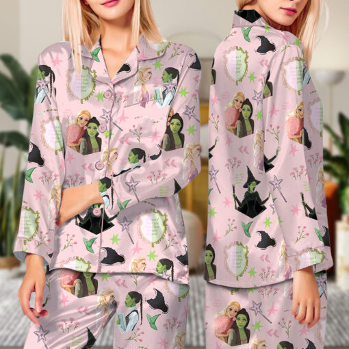 Wicked Pink Green Satin Pajamas Set For Women - Image 14