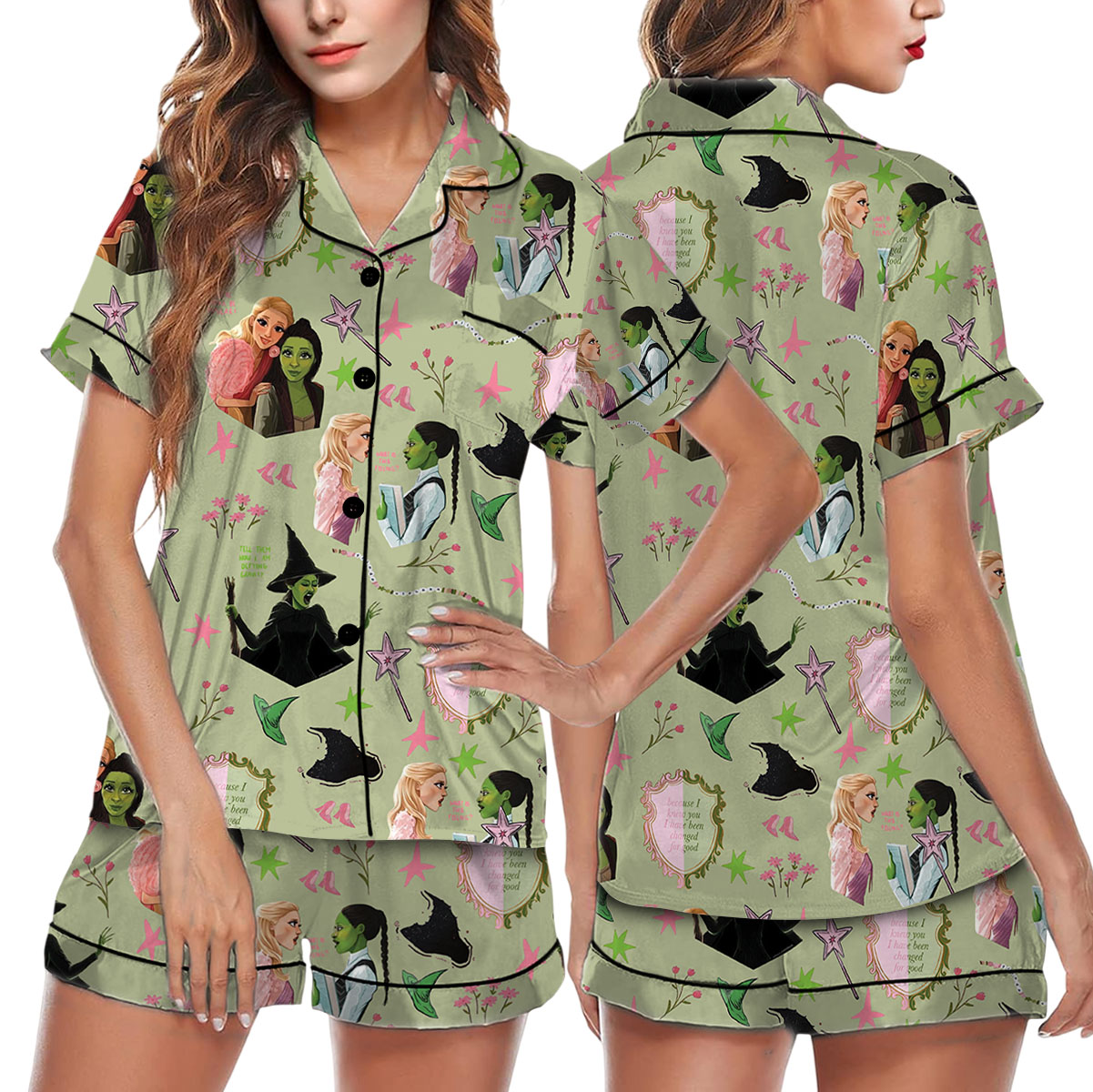 Wicked Pink Green Satin Pajamas Set For Women