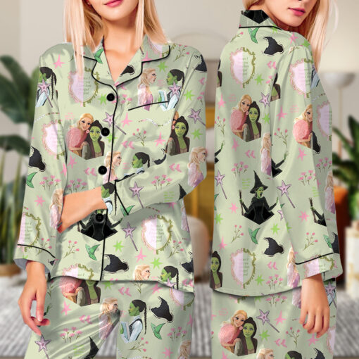 Wicked Pink Green Satin Pajamas Set For Women - Image 5