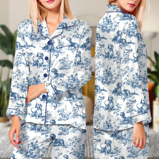 Chinoiserie Dachshund Silky Satin Pajama Set For Women - Image 6
