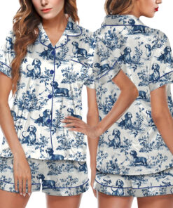 Chinoiserie Dachshund Silky Satin Pajama Set For Women