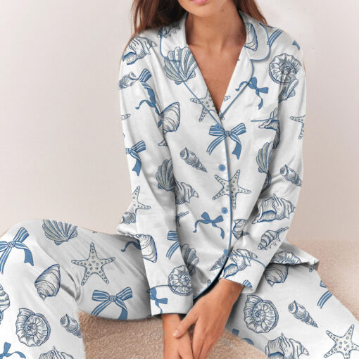 Women’s Coquette Seashell Beach Coastal Summer Vibes Print Satin Pajama Set - Image 7