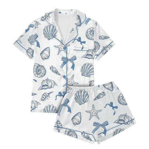 Women’s Coquette Seashell Beach Coastal Summer Vibes Print Satin Pajama Set - Image 4