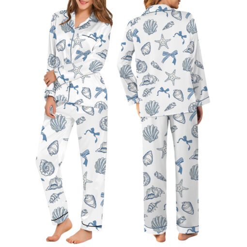Women’s Coquette Seashell Beach Coastal Summer Vibes Print Satin Pajama Set - Image 6