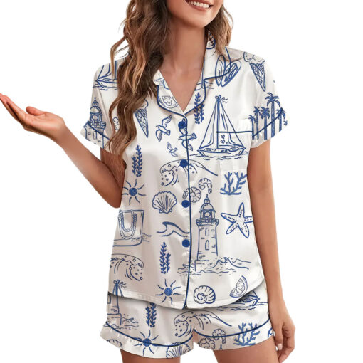 Women's Coastal Whimsical Style Summer Beach Bachelorette Satin Pajama Set - Image 4