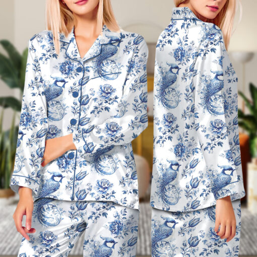 Chinoiserie Flower Clipart Watercolor Satin Pajamas Set - Image 7