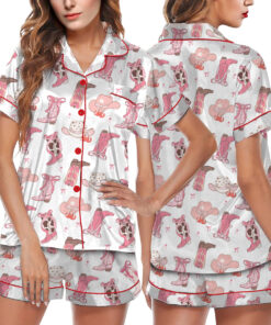 Pink Cowgirl Boots Western Satin Pajamas Set