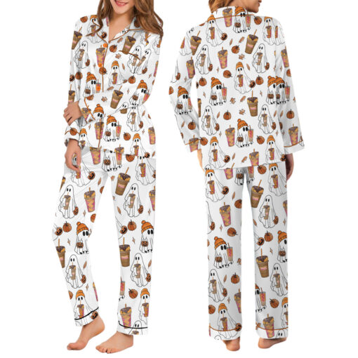 Ghost Pumpkin Satin Pajamas Set For Women - Image 9