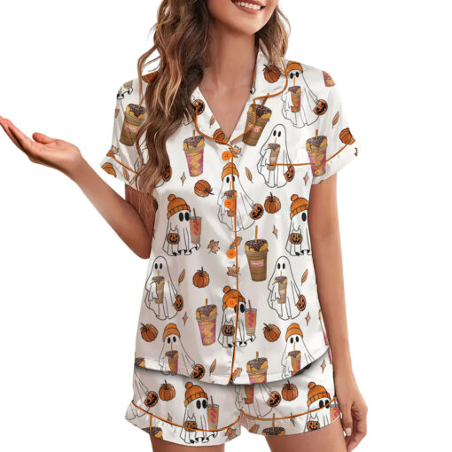 Ghost Pumpkin Satin Pajamas Set For Women - Image 2