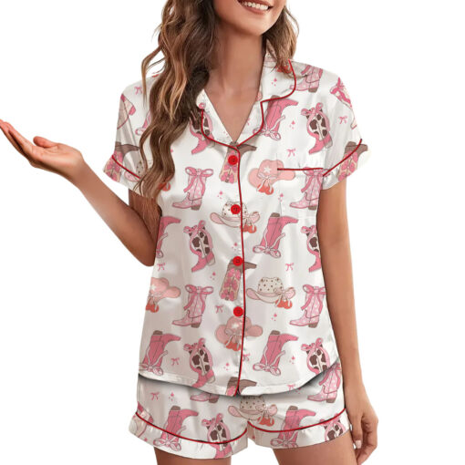 Pink Cowgirl Boots Western Satin Pajamas Set - Image 4