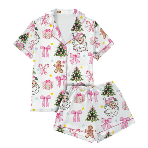 Coquette Pink Christmas Satin Pajama Set For Women - Image 2
