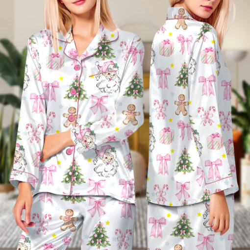 Coquette Pink Christmas Satin Pajama Set For Women - Image 8