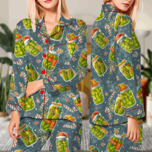 Christmas Pickle Satin Pajamas Set For Women - Image 6