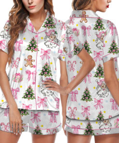 Coquette Pink Christmas Satin Pajama Set For Women