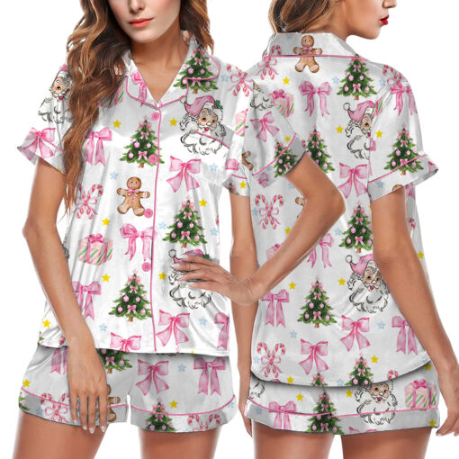 Coquette Pink Christmas Satin Pajama Set For Women - Image 5