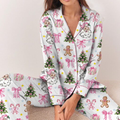 Coquette Pink Christmas Satin Pajama Set For Women - Image 7