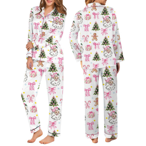 Coquette Pink Christmas Satin Pajama Set For Women - Image 6