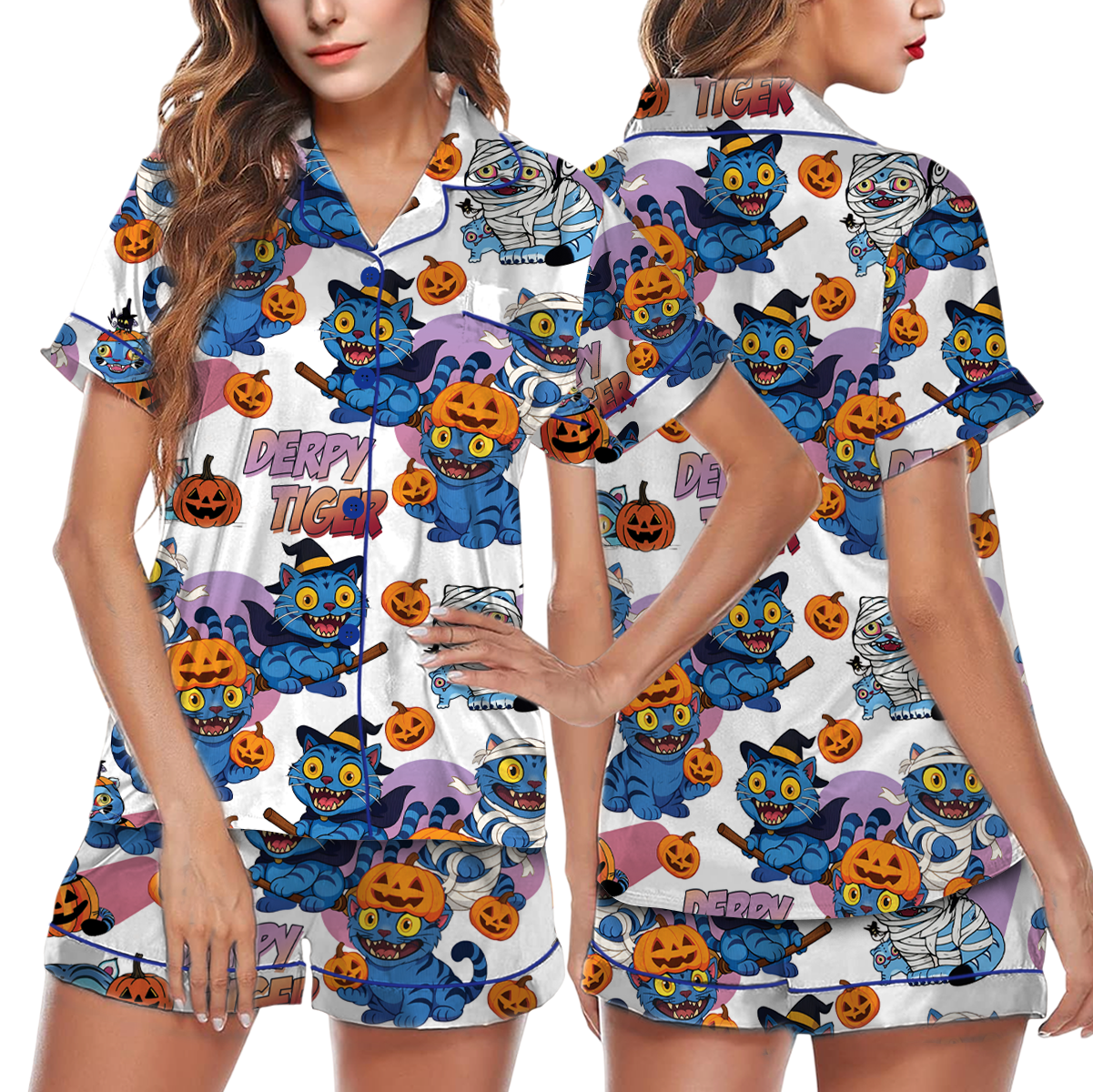 Derpy Tiger Pumpkin Halloween Satin Pajamas Set