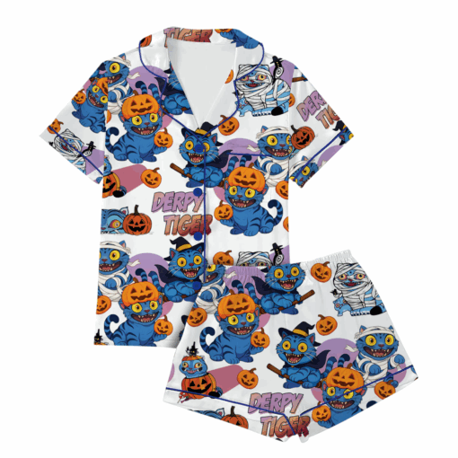 Derpy Tiger Pumpkin Halloween Satin Pajamas Set - Image 4