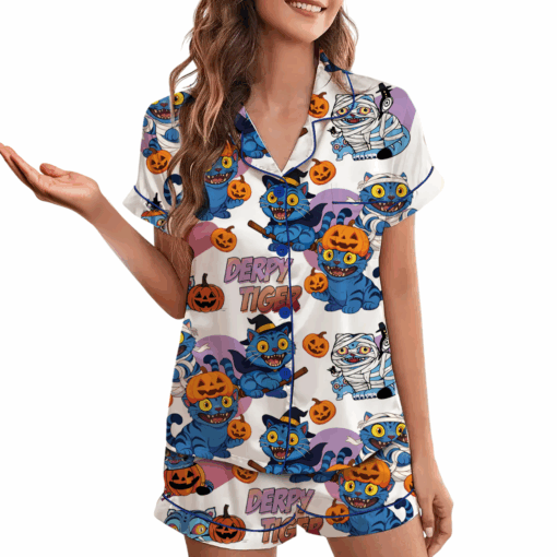 Derpy Tiger Pumpkin Halloween Satin Pajamas Set - Image 3