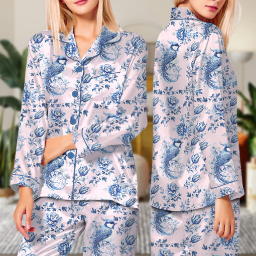 Chinoiserie Flower Clipart Watercolor Satin Pajamas Set - Image 14