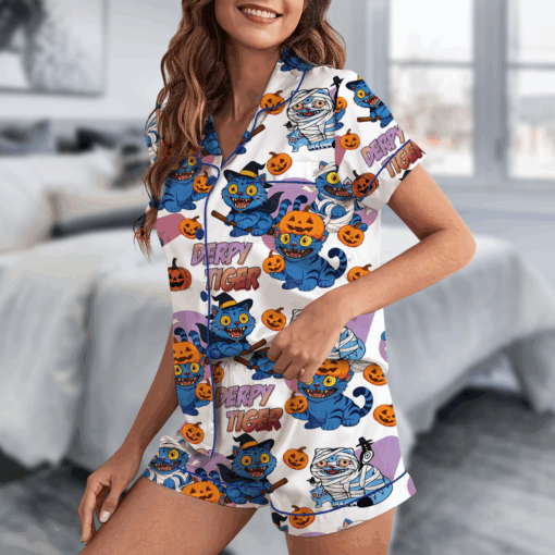 Derpy Tiger Pumpkin Halloween Satin Pajamas Set - Image 2