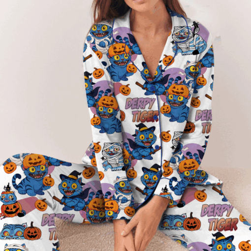 Derpy Tiger Pumpkin Halloween Satin Pajamas Set - Image 5