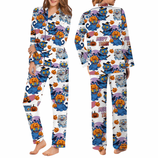 Derpy Tiger Pumpkin Halloween Satin Pajamas Set - Image 6