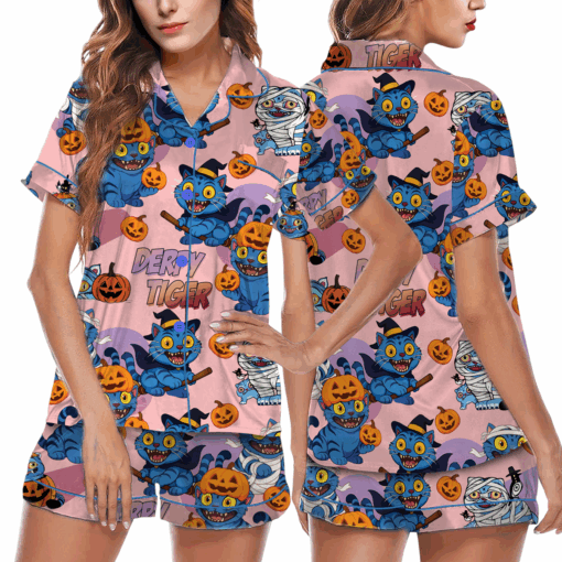 Derpy Tiger Pumpkin Halloween Satin Pajamas Set - Image 14