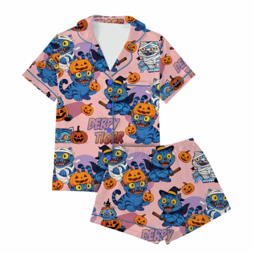 Derpy Tiger Pumpkin Halloween Satin Pajamas Set - Image 13
