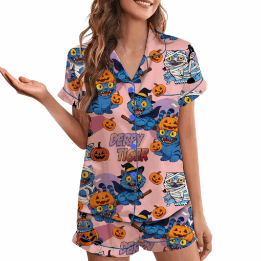Derpy Tiger Pumpkin Halloween Satin Pajamas Set - Image 12