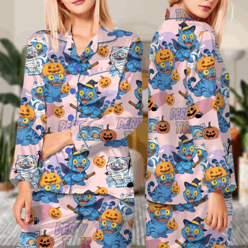 Derpy Tiger Pumpkin Halloween Satin Pajamas Set - Image 10