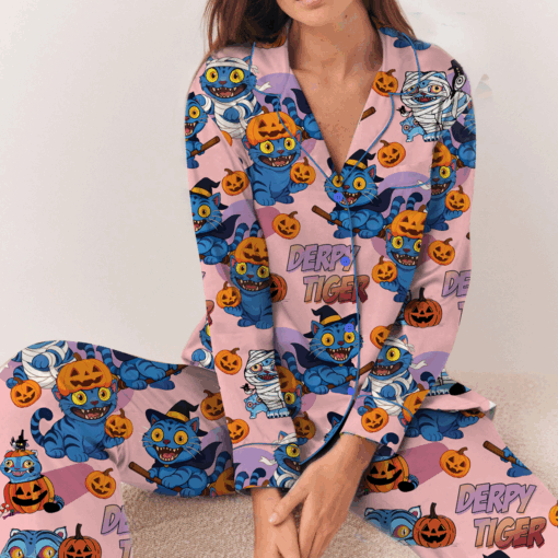 Derpy Tiger Pumpkin Halloween Satin Pajamas Set - Image 9