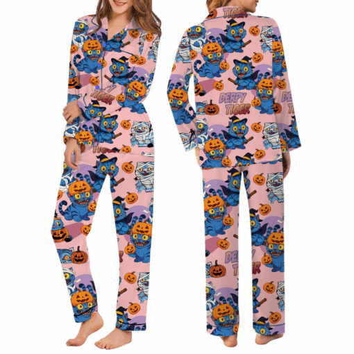 Derpy Tiger Pumpkin Halloween Satin Pajamas Set - Image 8