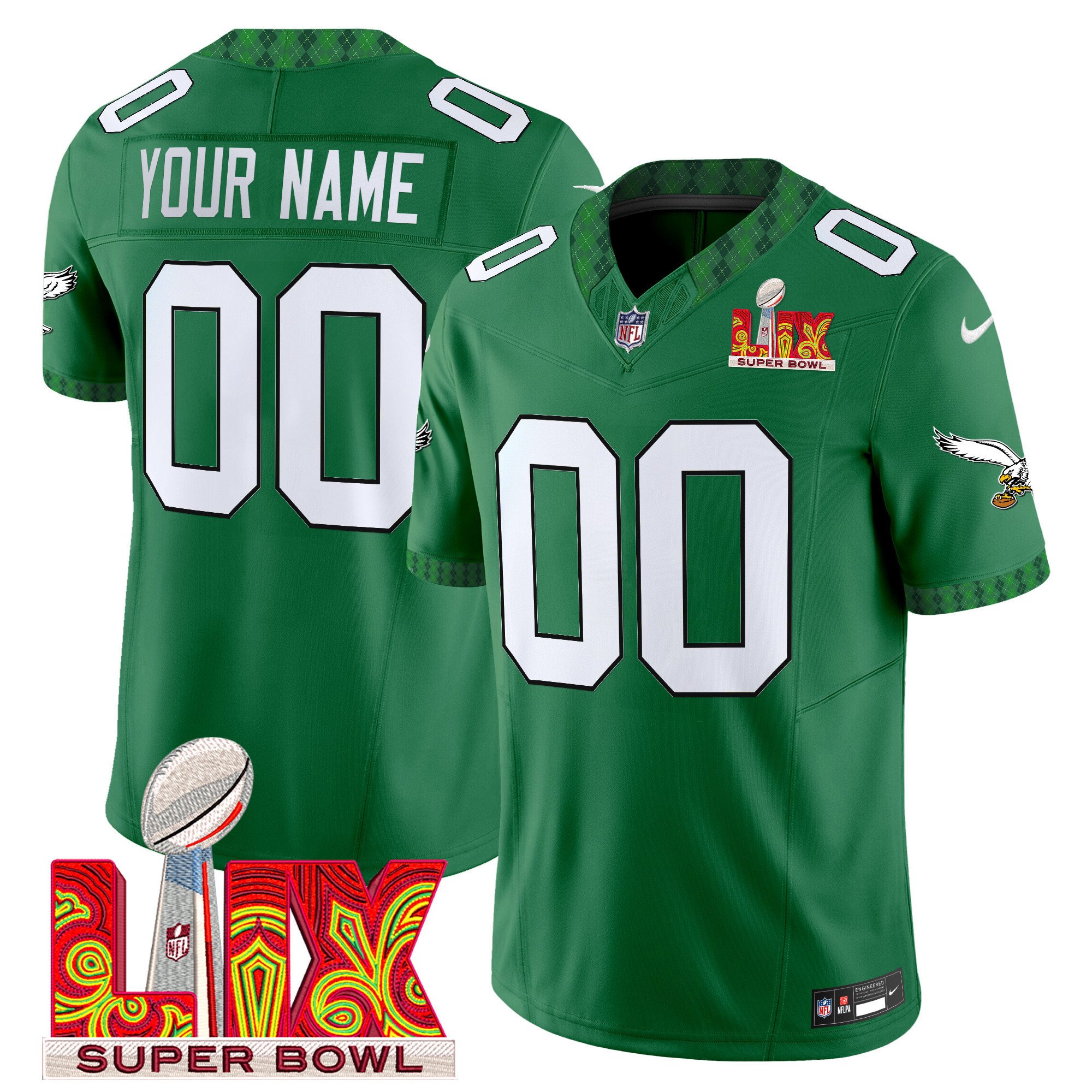 Philadelphia Eagles Kelly Green St. Patrick's Day Super Bowl LIX Patch Vapor Limited Custom Jersey - All Stitched - Image 2