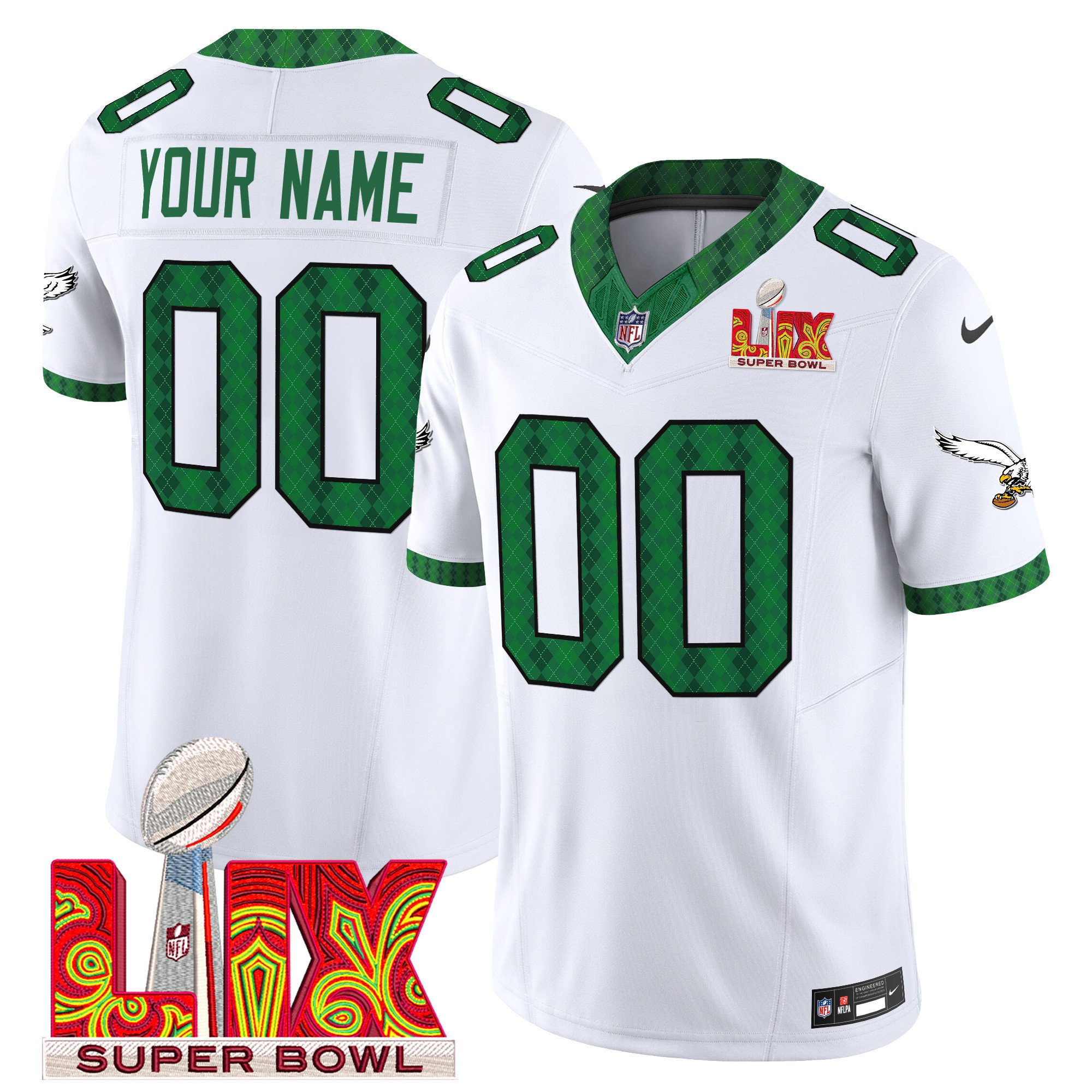 Philadelphia Eagles Kelly Green St. Patrick's Day Super Bowl LIX Patch Vapor Limited Custom Jersey - All Stitched