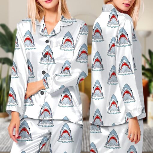 Jaws Silky Satin Pajama Set For Women, Funny Shark & Boat Print Sleepwear - Image 5