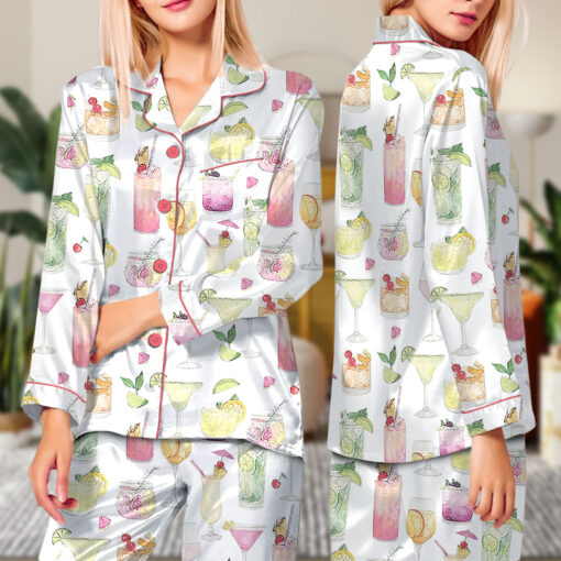 Summer Cocktail Wine Lovers Old Fashioned Satin Pajamas Set