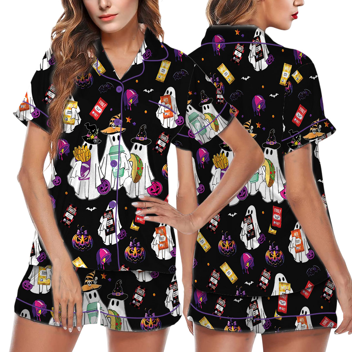 Taco Bell Cute Ghost Halloween Satin Pajamas Set