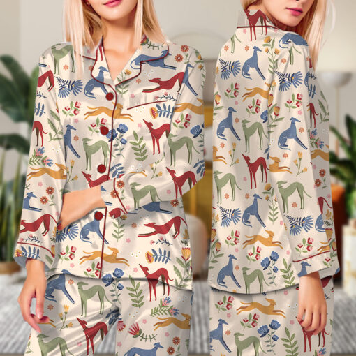 Long Dog Floral Fine Lurcher Artwork Satin Pajamas Set - Image 5