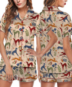Long Dog Floral Fine Lurcher Artwork Satin Pajamas Set