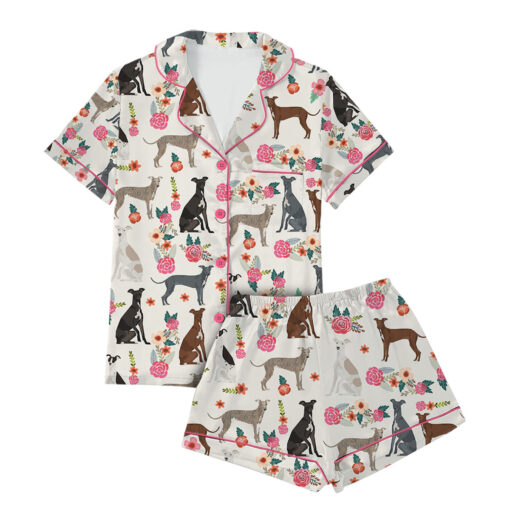 Dog Floral Satin Pajamas Set For Women - Image 2