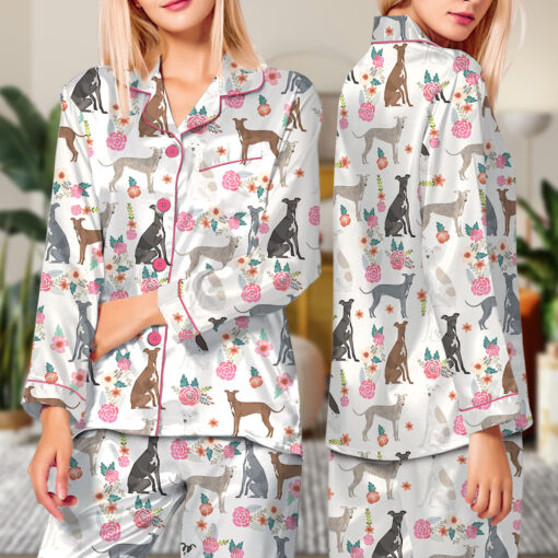 Dog Floral Satin Pajamas Set For Women - Image 7